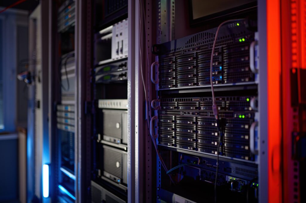 Closeup server room data center for cloud computing. Telecommunication hardware, artificial intelligence technology and supercomputer database concept